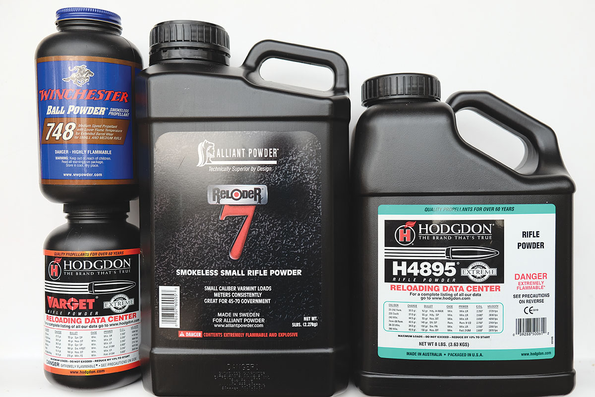 Predominant powders used for load development include Winchester 748, Hodgdon Varget, Alliant Reloder 7 and Hodgdon H-4895.